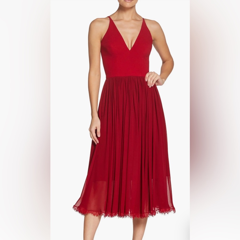 Dress the Population Alicia Mixed Media Midi Dress - Garnet - Size M
